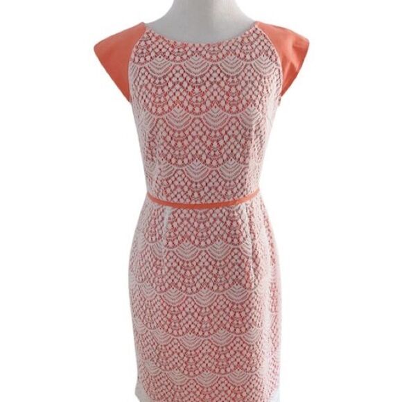 Alex Marie Peach Dress with White Lace Overlay, Cap Sleeves (Size: 8) - Picture 6 of 15